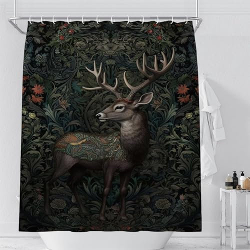 Fchen Art Rideau de Douche Rustique William Morris - Cerf de la Forêt - 180 x 180 cm Avec 12 Crochets