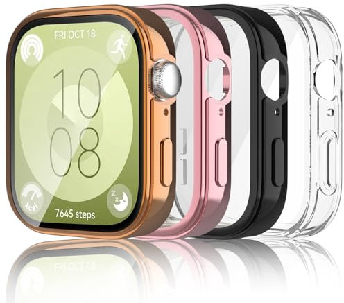 Dilhvy [4-Stück Hülle Kompatibel mit Huawei Watch Fit 3 Schutzhülle, Flexibles TPU Vollschutz Display Schutz Schutzfolie Full Coverage Stoßfestes Displayschutz (klar+Schwarz+Rosa+Rosengold)