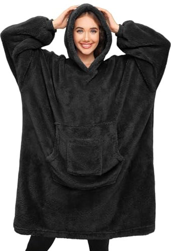 Tuopuda Hoodie Sweatshirt mit Kapuze Damen, Kapuzenpullover Langarm Pullover Riesen Hoodie Decke mit Ärmeln, Geschenk für Frauen Männer Weiche Gemütliche Warme Pulli mit Taschen, Schwarz-Große