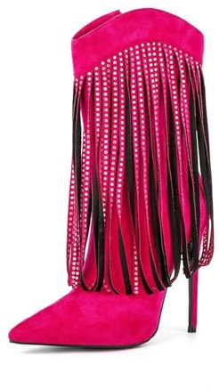 THOYBMO Tacchi Alti High Heels Stivali Metà Polpaccio Donna Décolleté Punta Spillo Strass Scarpe Eleganti Festa Frange Glitterate,Pink,39