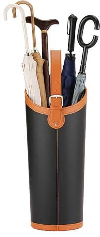 EXCLURA Regenschirmständer Runder Schirmständer aus Leder für Den Eingangsbereich, mit Griff, Wasserschale, 2 Haken, Moderner, Stilvoller Schirmständer für Gehstöcke(Black)