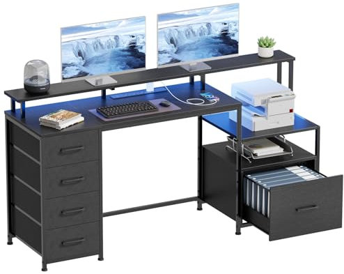 COWISH Computer Desk with 5 Drawers, 170 * 47 CM Gaming Desk with Power Outlet & Led Lights, 67'' Large Computer Desk with File Drawer, Storage, Monitor Shelves, Gaming Desk for Home Office, Black