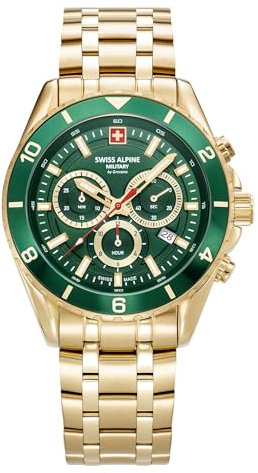 Swiss Alpine Military Herren-Armbanduhr Chronograph Analog Quarz 7034.9 Edelstahl, Gold/Gold/Grün – 9114sam, Armband