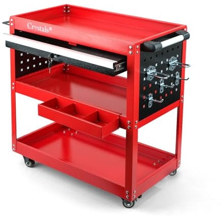 Crystals 3-Tier Heavy Duty Tool Trolley Cart on Wheels – Workshop & Garage Service Cart with Drawer – Tool Storage Organiser with Lockable Wheels - Garage Tool Service Cart with Handle - Workshop DIY