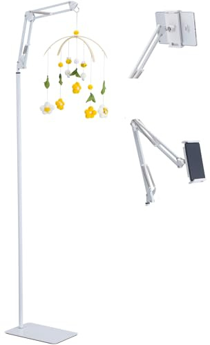 BoGuang Support de sol blanc pour berceau, bras mobile et tablette, base robuste de 1,4 kg, hauteur réglable de 175 à 78,7 cm, support de sol en métal compatible avec berceau de bébé, téléphone