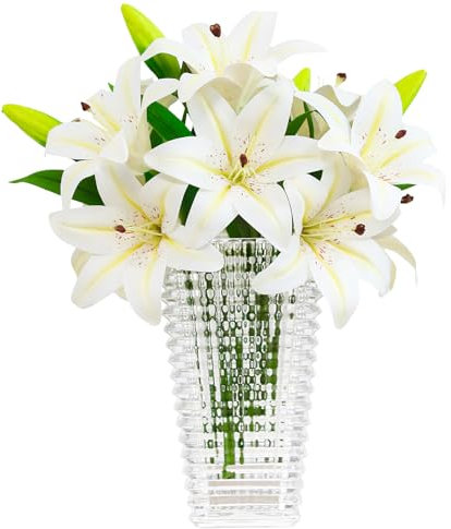 Olrla 6 gigli artificiali bianchi, 12 teste in fiore e 6 boccioli a stelo corto, fiori finti per matrimoni/ufficio, decorazione della casa, composizione floreale/bonquet fai da te/tomba (senza vaso)