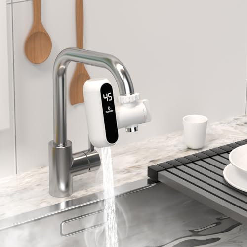 Fudeer Kompakter Durchlauferhitzer (25-45℃) Sofortige Warmwasserversorgung mit nahezu allen Wasserhähnen kompatibel Einsetzbar in Küche,Bad,Waschküchen,Werkstätten,usw. 220–240V(Weiß)
