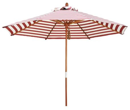MRKU Gartenschirm aus Holz, rot-weiß gestreifter Terrassenschirm, mit Seilzug betriebener UV-Schutzschirm, Marktschirm für den Außenbereich für Balkon, Terrasse, Hof, Strand, Pool