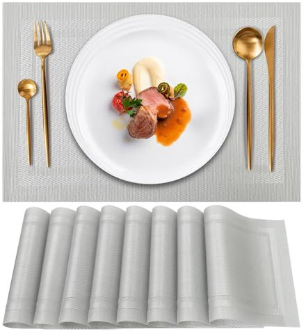 Gucass 8er Set Tischsets Abwaschbar, PVC Platzsets Abwischbar Platzdeckchen, Placemats Abgrifffeste Hitzebeständig rutschfest, Tischmatten für Küche Restaurant Speisetisch, 45x30cm(Silber)