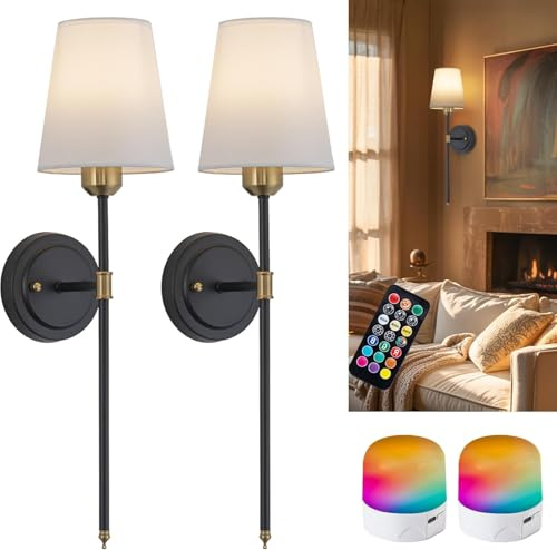 FTL 2 Pezzi Applique da Parete Interno Ricaricabile USB, Nero Lampada da Parete Senza fili, Vintage Tessuto Lampade Senza Corrente Dimmerabile con Telecomando, Luci LED a Batteria per Scale Soggiorno