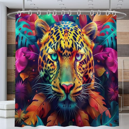 180 x 200 cm Guepardo Cortina de Ducha Jungla Monstera Cortina de baño Color Cortina bañera para Baño Resistente al Agua Durable Tela Poliéster con Ganchos