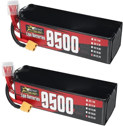 SSCYHT Lipo-Akku 6S 22,2 V 10000 mAh 9000 mAh Wiederaufladbarer Akku 22,2 V Lithium-Batterien für ferngesteuerte Drohnen für 50 W – 220 W Motoren mit XT60-Anschluss,22.2v9500mah 2pack