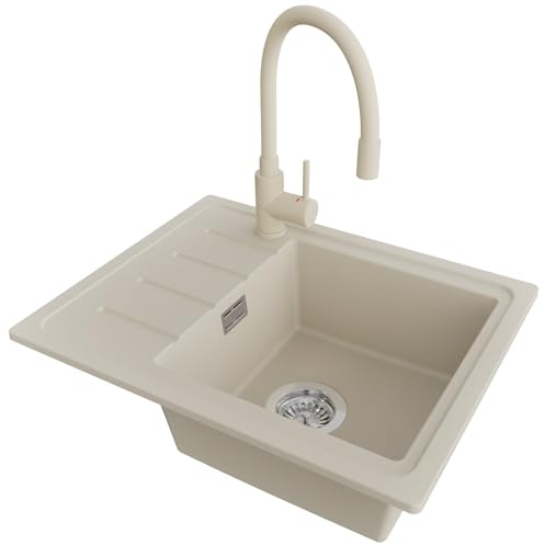 PRIMAGRAN Granitspüle ab 45er Unterschrank + Küchenarmatur, 55x44cm | Set: Küchenarmatur BW6020 + Ablauf-Set (Siphon, Ablaufgarnitur, Überlauf) + Spülbecken 1 Becken - Kopenhagen Easy, Beige