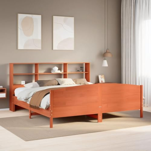 sephironlbb Massivholzbett mit integriertem Regal, wachsbraun, 180x200 cm, Kiefernholz, Stabiler Lattenrost, platzsparende Aufbewahrung für Bücher und Dekoartikel