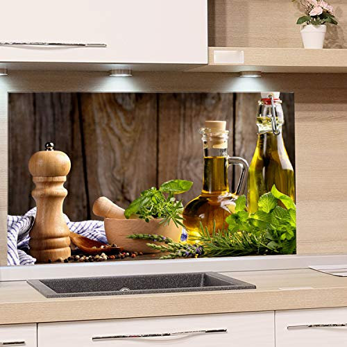 GRAZDesign Spritzschutz Glas für Küche Herd, Bild-Motiv grün Kräuter Provinz mediterran, Küchenrückwand Glas Küchenspiegel Glasrückwand / 100x50cm