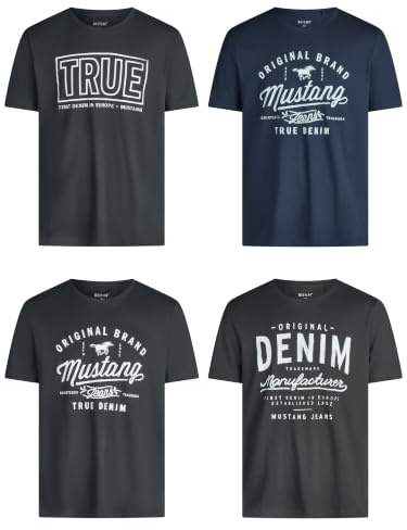 MUSTANG Tshirt Herren Baumwolle Regular Fit 4er Pack Set Rundhals Kurzarm Sommer Tee Shirt Logoprint Schwarz Weiß Grau Blau Grün S M L XL XXL 3XL 4XL 5XL 6XL