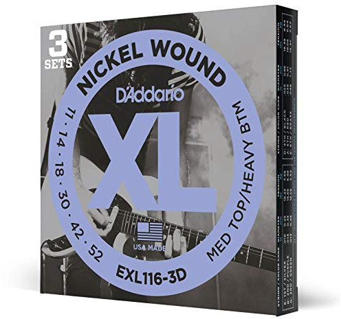 D'Addario EXL116 Nickel Wound Electric Guitar Strings, Medium Top/Heavy Bottom, 11-52, 3 Sets