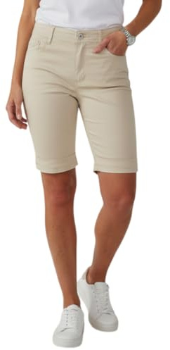iceoolfashion Women's Stretch Chino Shorts, Mid-Waist | Ladies Mid Waist Jean Style Bermuda Slim Fit Shorts Turn Up Cuffs Summer