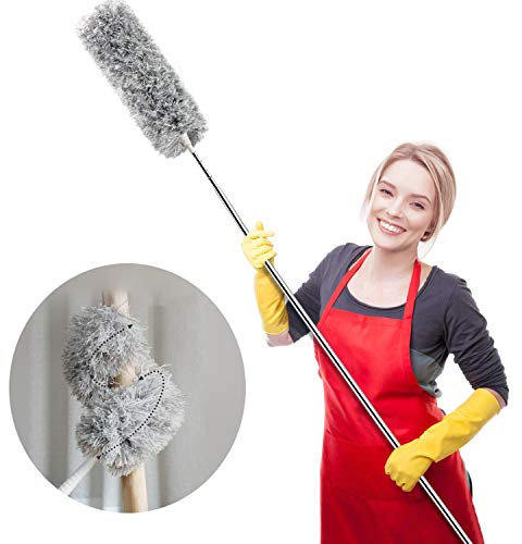 Fredysu Extendable Microfiber Duster, Ideal for Cleaning Blinds, Ceiling Fans, Interior Roof, TV, Bookcases, Eco-Friendly, Grey, Microfiber Head