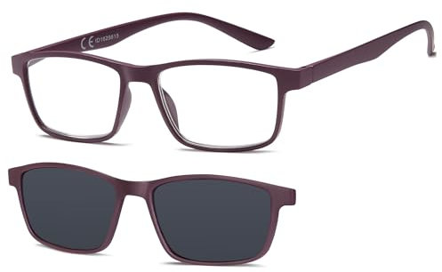 NEW VISION Occhiali da Lettura, Occhiali da Vista con Magnetica Clip Occhiali da Sole, Protezione 100% UVA e UVB, Clip On Occhiali da Lettura per Donna Uomo NV8126 (viola, 2.5, x)