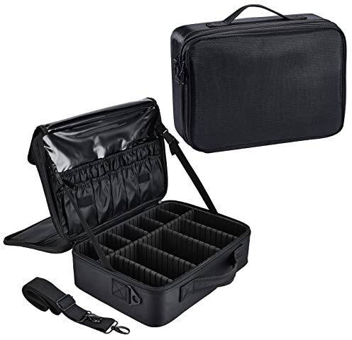Joligrace Large Oxford Fabric Professional Makeup Bag with Removable Back Strap Cosmetic Case Beauty Box Hairdressing Tools Organiser Storage Box (Double Tiers Medium, Black)