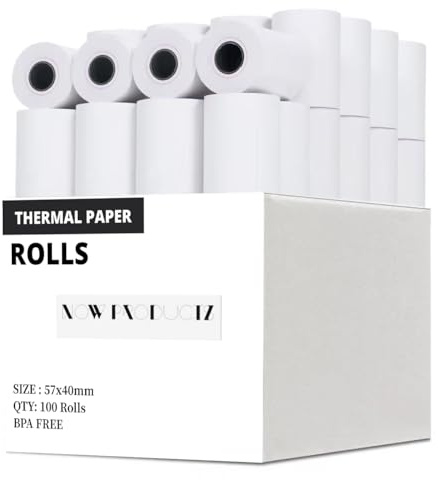 Nu Produkter 57 x 40 mm Termisk Till Rolls Kvittopapper, Kompatibel med Kreditkort PDQ-maskiner, POS, EPOS, Kassaapparater, Varningsremsa för smidig utskrift (100 rullar)