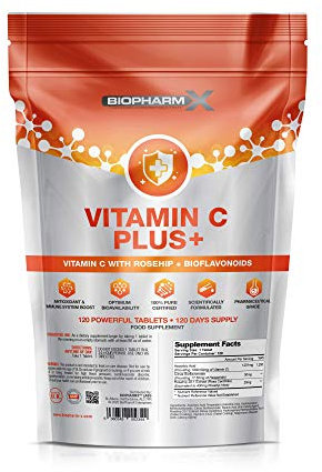 Vitamin C 1000mg Tablets + Rosehip & Bioflavanoids (4 Month Supply) 100% Pure Certified Ascorbic Acid - Suitable for Vegetarians & Vegans - Manufactured in The UK by BioPharmX