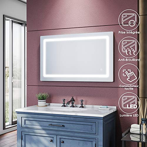 SIRHONA Miroir de Salle de Bains 1000 x 600 x 35mm - Miroirs cosmétiques muraux - Miroir avec LED Illumination - Anti-buée avec éclairage LED - avec Prise Rasoir - lnterrupteur Tactile