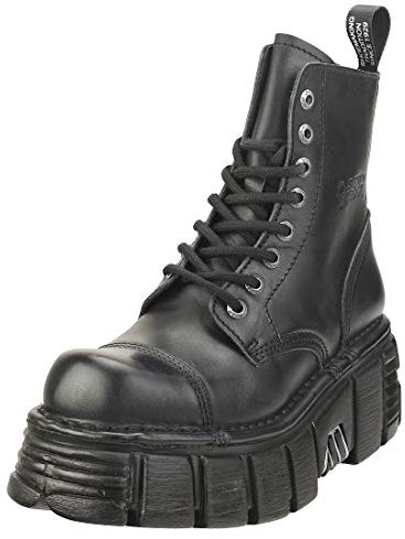New Rock Stivali Gotici Unisex M-NEWMILI083-S39 Pelle Nera con Tacco 7cm e Plateau 4cm – Stivaletti Punk Rock Stile Militare Collezione Metallic - 36