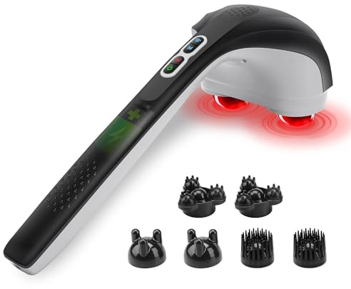 Snailax Cordless Handheld Back Massager with Heat, Deep Tissue Percussion Massager, 3 Sets of Dual Pivoting Heads,Rechargeable Hand Held Massager for Neck,Back Shoulder,Calf,Legs