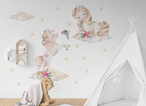Wandaufkleber Einhorn Wandbild I Sterne Wolken Kinderbilder Junge Kinderzimmer Mädchen Aufkleber Osomhome os2149 (195x125cm)