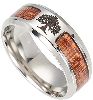 DFWY Herren Edelstahl Wikinger Baum Des Lebens Ring, Nordischer Yggdrasil Und Holz Inlay Ehering, Handgefertigter Polierter Vintage Punk Gothic Style Siegelring Schmuck