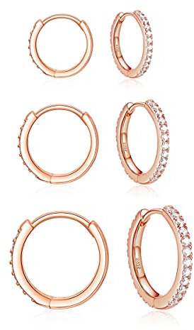 Zolkamery Ensemble de Petites Créoles Boucles d'oreilles Femme Argent Fin 925 avec Zircon Cubique, 3 Paires de Petite Creole Plaqué Or Rose Unisexe Hypoallergénique Set, Diamètre 8, 10, 12 mm