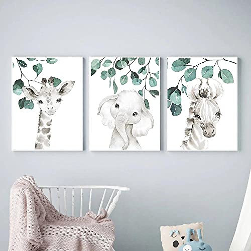 IBUKHSDGYIFH Safari Baby Zebra Giraffe Eukalyptus Tiere Wandkunst Leinwand Malerei Nordic Poster und Drucke Kindergarten Kind Babyzimmer Dekoration Ungerahmt-30x40cmx3
