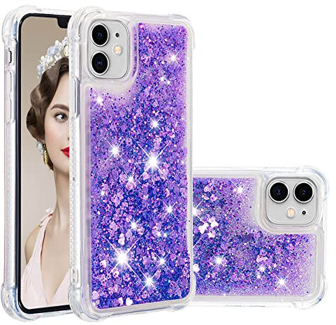 IMEIKONST Compatible with iPhone 11 Glitter Case, Liquid Sparkle Quicksand Clear Transparent Sequin Slim Girls Soft TPU Bumper Silicone Shockproof Cover for iPhone 11. Love Purple YBW