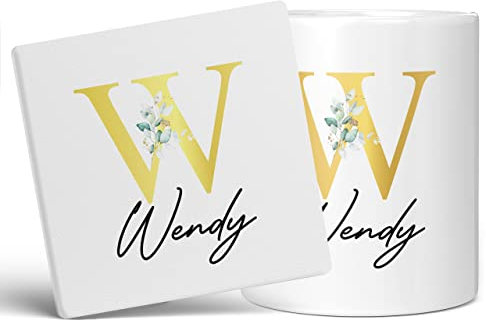 Tazza personalizzata con lettera W floreale, con nome, regalo personalizzato, lettera stampata effetto oro, non metallica, tazza da caffè in ceramica per uomini o donne, tazza extra grande e gigante,