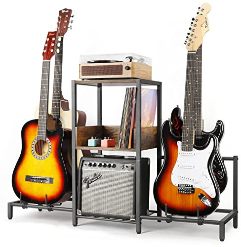 Gitarrenständer mit 4 Ebenen für Akustik, E-Gitarre, Bass, Gitarrenständer, Boden verstellbar für mehrere Gitarren, Gitarren-Display für Musikzimmer, Heimstudio mit Ablage (Patent)