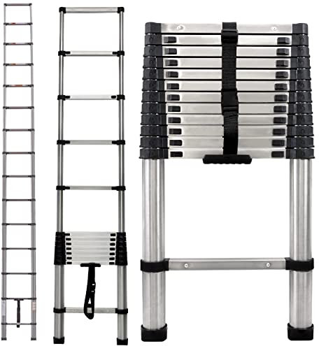 Telescopic Ladder 3.8M, Portable Attic Ladders, Heavy Duty Steel Telescoping Folding Step Ladder, Warehouse Extension Ladder with Rubber Foot Pads, Foldable Engineering Ladder for Window Cleaning