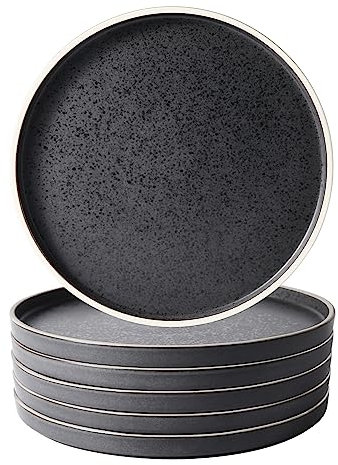 LERATIO Dinner Plates,Ceramic Dinner Plates Set of 6,10.75 inch Large ceramic plates,Modern Shape Dinnerware Dishes Set for Kitchen, Microwave & Dishwasher & Oven Safe-Black with white Rim