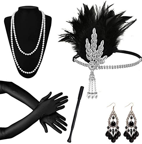 1920s Kostüm Damen Flapper Accessoires Set, Silber 20er Jahre Accessoires Flapper Great Gatsby Accessoires, 1920er Jahre Zubehör mit Stirnband Ohrringe Halskette Handschuhe Zigarettenstange