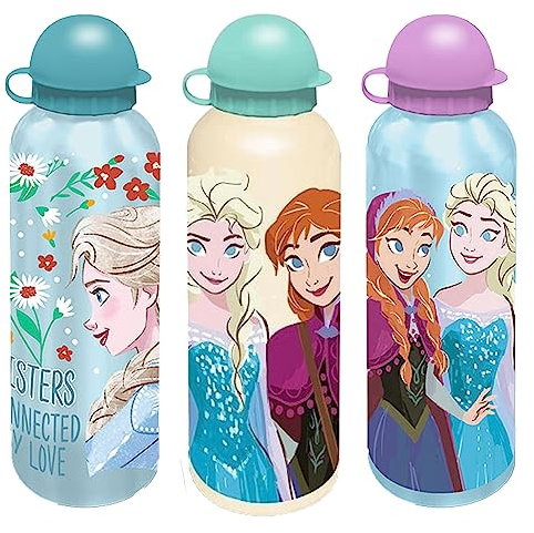 HOVUK Frozen - 3 borracce in alluminio turchese, acqua e oro chiaro, 500 ml, per bambini, a prova di perdite e atossica, bottiglia per bevande senza BPA, regalo per viaggi e scuola, bottiglia sportiva