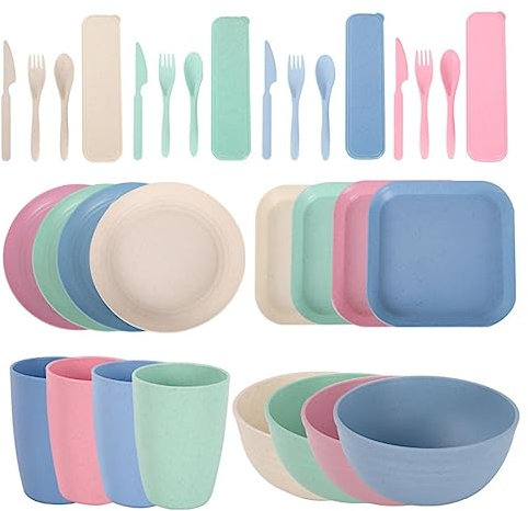 Service de table 32 pièces incassable pour 4 personnes - Service de table en polypropylène pour pique-nique, camping, dîner, tasses, bols, assiettes et couverts, légers et réutilisables pour