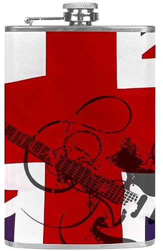 Flachmann für Spirituosen 8 Unzen, auslaufsichere klassische Trinkflaschen aus Edelstahl mit Trichter,Union Jack Gitarrenmuster