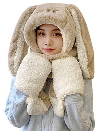 Wintermütze Damen Mädchen Schalmütze mit Hasenohren Kunstfellmütze Flauschig Warm Plüschmütze Schalhut Handschuhe Thermo Mütze Winterschal Niedlich Winterhut für Fahrrad Motorrad Wandern Khaki