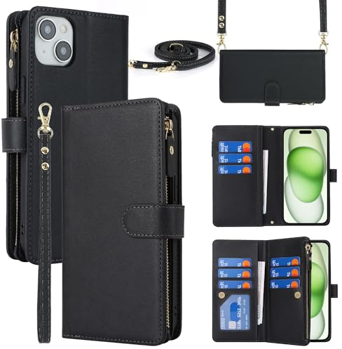 CAVOR Handykette Handyhülle kompatibel mit iPhone 15 Plus Hülle Mit Band,Flip Leder Geldbörse Handytasche,[9 Kartenfach][Magnetisch],Klapphülle Handyhülle mit Umhängeband - Schwarz