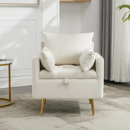 Merax Samtstuhl, lässiger Sessel, Einzelsessel mit Stauraum, Sessel mit Kissen, mit roségoldenen Metallbeinen Beige