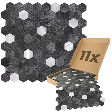 Dalsys Wandpaneele selbstklebend, Hexagon Muster 0,88m², 11 Stück Anthrazit Silber Wandverkleidung feuchtigskeitsbeständig, Premium Qualität für Bad und Küche