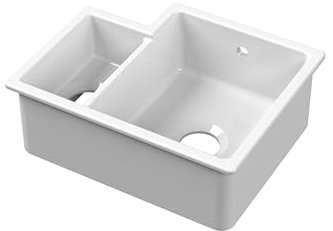 Balterley 549mm White Kitchen Sink, Right Hand Undermount Double Bowl with Overflow Hole, Durable Fireclay Ceramic Kitchen Sink Bowl, Undermount Sinks for Kitchens - 549 x 441 x 195mm (Glossy White)