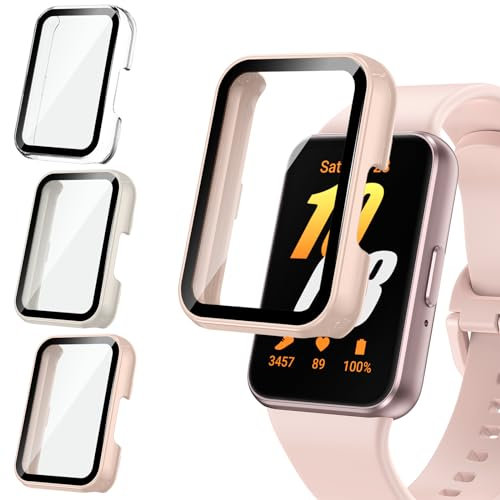 [3Pezzi] Kamita Custodia per Samasung Galaxy Fit 3 con Protezione Dello Schermo in 9H Vetro Temperato, Duro PC Bumper Cover Protezione Viso Completo Custodie per Galaxy Fit3 (Chiaro+Rosa+Bianco)