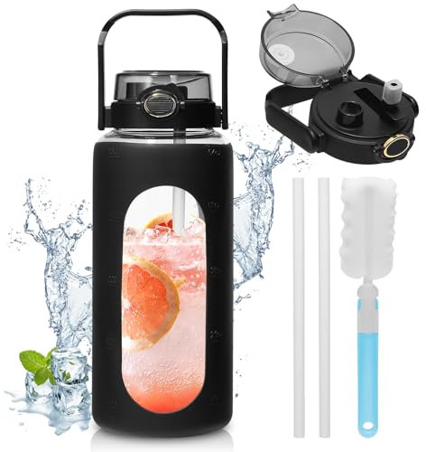 UrbanHomes 2L Sport Gourde Verre avec Paille, Gourde, Bouteille en Verre, Grande Bouteille d'eau avec Couvercle de Protection en Silicone, pour Salle de Sport, Bureau(Black)